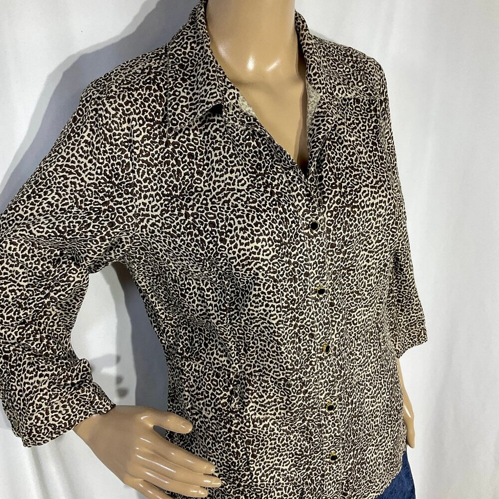 Richard Malcom Sz L Linen Animal Print Button Down 3/4 Sleeves Leopard Womens